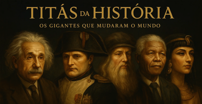 Capa do livro Titãs da História: Os Gigantes que Mudaram o Mundo com figuras históricas como Einstein, Napoleão e Mandela lado a lado em fundo escuro e elegante.